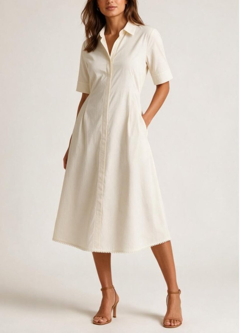 PERLAVERA GIGI CREAM SOLID COTTON TWILL SPANDEX MAXI DRESS